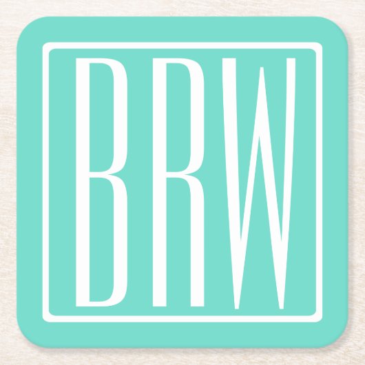 はっきりした3モダンイニシャルモノグラム |アクアの白 スクエアペーパーコースター (正面)