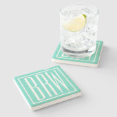 はっきりした3モダンイニシャルモノグラム |アクアの白 ストーンコースター (横)