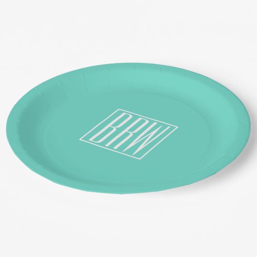 はっきりした3モダンイニシャルモノグラム |アクアの白 ペーパープレート (アングル)