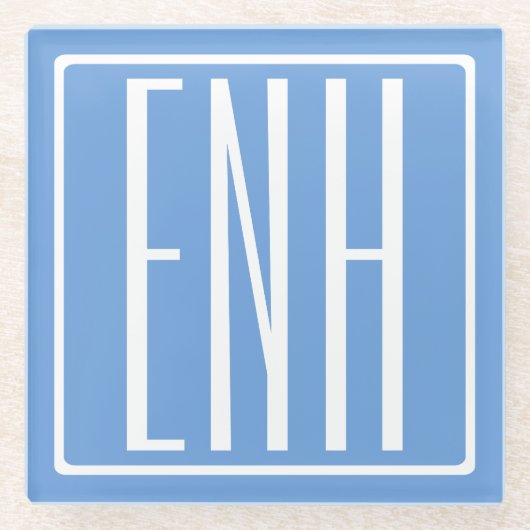 はっきりした3モダンイニシャルモノグラム |ソフトブルー ガラスコースター (正面)