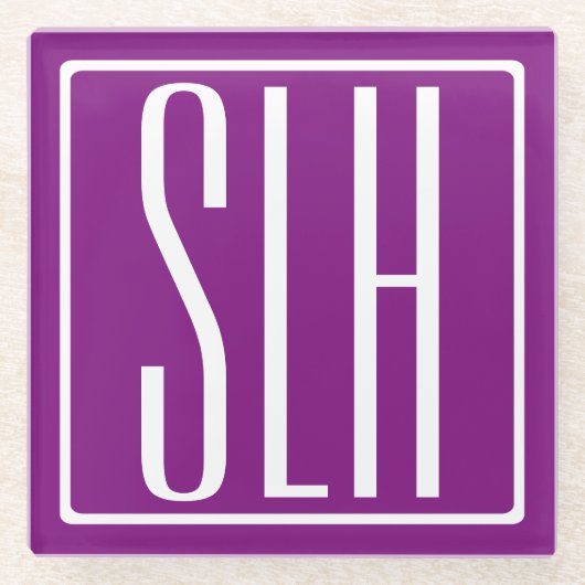 はっきりした3モダンイニシャルモノグラム |白と紫 ガラスコースター (正面)