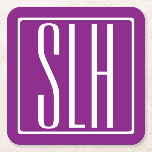 はっきりした3モダンイニシャルモノグラム |白と紫 スクエアペーパーコースター (正面)