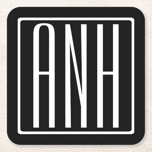 はっきりした3モダンイニシャルモノグラム |黒の上に白 スクエアペーパーコースター (正面)