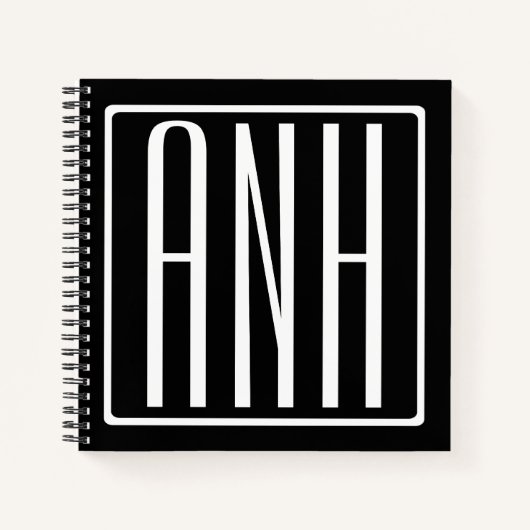 はっきりした3モダンイニシャルモノグラム |黒の上に白 ノートブック (正面)