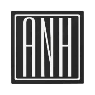 はっきりした3モダンイニシャルモノグラム  黒の上に白 メタルプリント