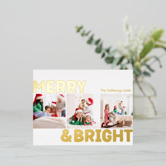 はっきりした3モダン枚の写真と明メリーるい金ゴールド 箔シーズンポストカード (立ち正面)