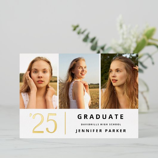 はっきりした3年写真卒業 箔招待状 (立ち正面)