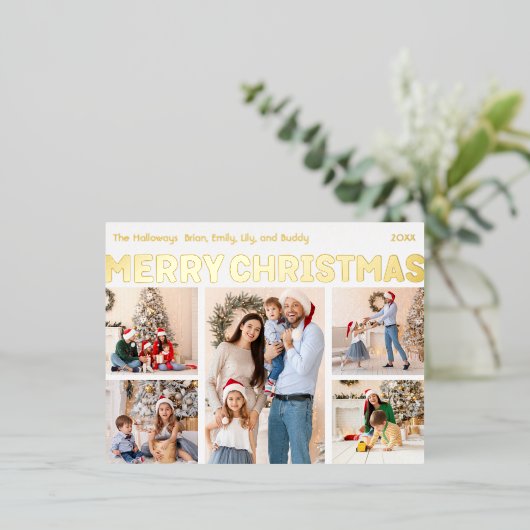 はっきりした5モダン枚の写真メリークリスマス金ゴールド 箔シーズンポストカード (立ち正面)