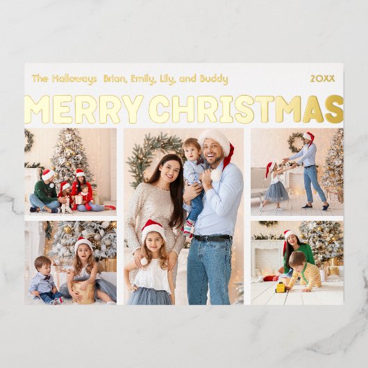 はっきりした5モダン枚の写真メリークリスマス金ゴールド 箔シーズンポストカード (正面)