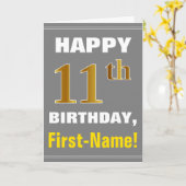 はっきりした、グレー、フェイク金ゴールド11番目の誕生日（名前カード付き） カード (黄色い花)