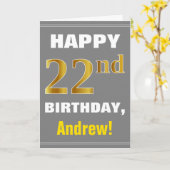 はっきりした、グレー、フェイク金ゴールド22番目の誕生日（名刺あり） カード (黄色い花)