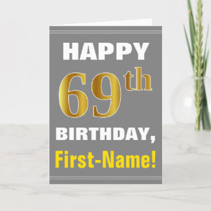 はっきりした、グレー、フェイク金ゴールド69番目の誕生日（名前カード付き） カード
