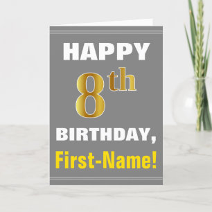 はっきりした、グレー、フェイク金ゴールド8誕生日（名前カード付き） カード