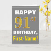 はっきりした、グレー、フェイク金ゴールド91番目の誕生日(名前カード付き) カード (黄色い花)