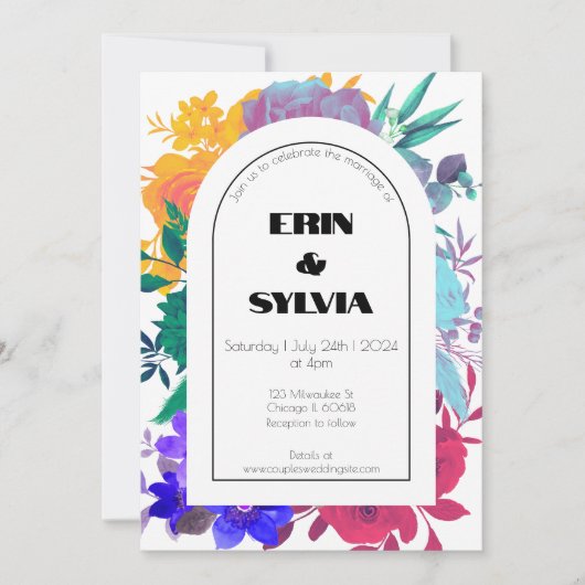 はっきりした&ブライトレインボーボタニカルワイルドフラワー結婚 招待状 (正面)