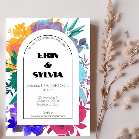 はっきりした&ブライトレインボーボタニカルワイルドフラワー結婚 招待状