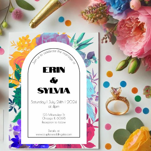 はっきりした&ブライトレインボーボタニカルワイルドフラワー結婚 招待状