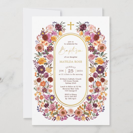 はっきりした&ブライトワイルドフラワーガーデンリースバプテスマ 招待状 (正面)