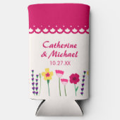 はっきりした&ブライト明るい赤紫色ピンクカラフルフローラ結婚ズ スリム缶クーラー (正面)