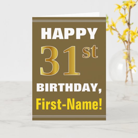 はっきりした、ブラウン、フェイク金ゴールド31番目の誕生日（名前カード付き） カード (黄色い花)