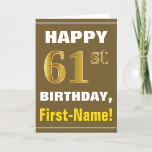 はっきりした、ブラウン、フェイク金ゴールド61番目の誕生日（名前カード付き） カード
