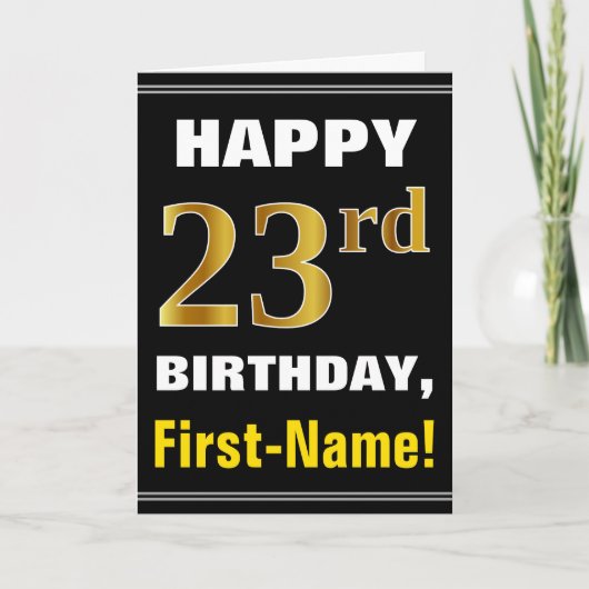 はっきりした、ブラック、フェイク金ゴールド23番目の誕生日(名刺あり) カード (正面)