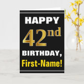 はっきりした、ブラック、フェイク金ゴールド42番目の誕生日(名刺あり) カード (黄色い花)