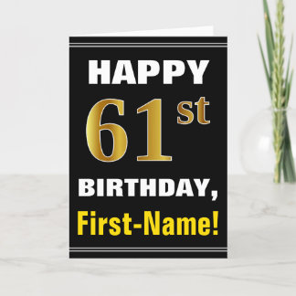 はっきりした、ブラック、フェイク金ゴールド61番目の誕生日(ネーム・カード付き) カード