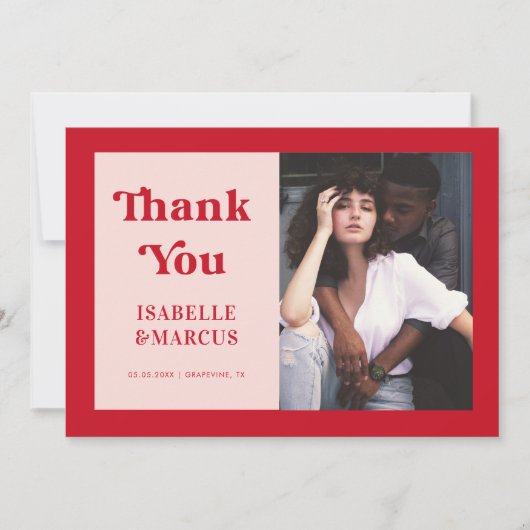 はっきりした&ミニマルレトロスクリプトレッド&ピンク結婚ズ サンキューカード (正面)