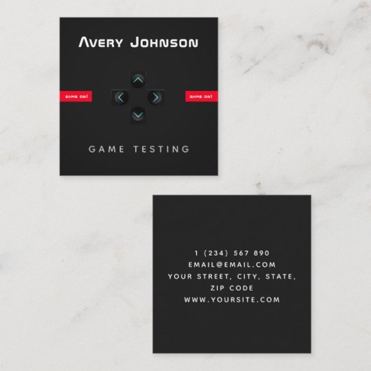 はっきりした&ミニマル白黒レッドゲームテスターゲーマー スクエア名刺 (正面/裏面)