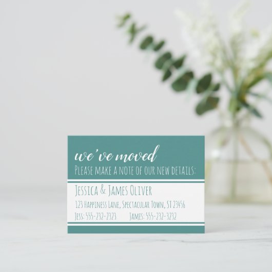 はっきりした、モダンティール(緑がかった色)と白の引っ越しました・カード 名刺 (スタンド正面)