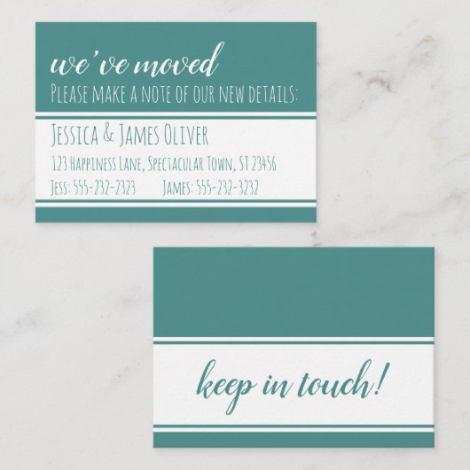 はっきりした、モダンティール(緑がかった色)と白の引っ越しました・カード 名刺 (正面/裏面)