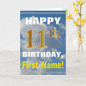 はっきりした、曇り空、フェイク金ゴールド11番目の誕生日+名前 カード (黄色い花)