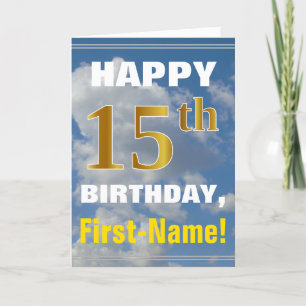 はっきりした、曇り空、フェイク金ゴールド15番目の誕生日+名前 カード