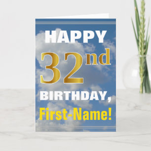 はっきりした、曇り空、フェイク金ゴールド32番目の誕生日+名前 カード