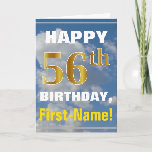 はっきりした、曇り空、フェイク金ゴールド56番目の誕生日+名前 カード (正面)