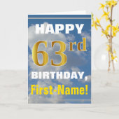 はっきりした、曇り空、フェイク金ゴールド63番目の誕生日+名前 カード (黄色い花)