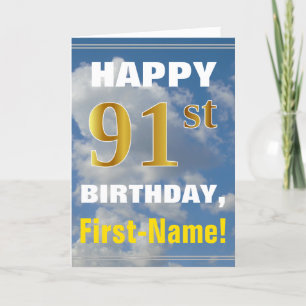 はっきりした、曇り空、フェイク金ゴールド91番目の誕生日+名前 カード