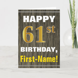 はっきりした、木材、フェイク金ゴールド61番目の誕生日+名前 カード