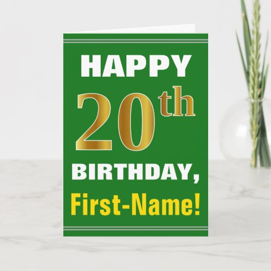 はっきりした、緑、フェイク金ゴールド20番目の誕生日(名刺あり) カード (正面)