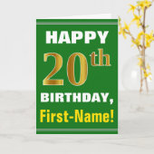 はっきりした、緑、フェイク金ゴールド20番目の誕生日(名刺あり) カード (黄色い花)