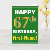 はっきりした、緑、フェイク金ゴールド67番目の誕生日（名刺あり） カード (黄色い花)