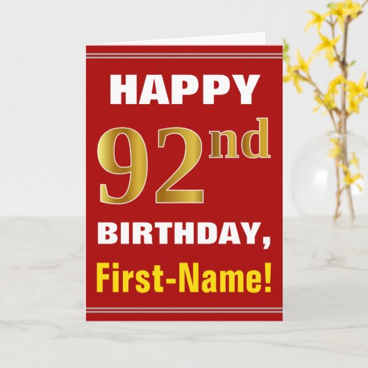 はっきりした、赤、フェイク金ゴールド92番目の誕生日（名刺あり） カード (黄色い花)