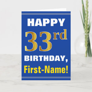 はっきりした、青、フェイク金ゴールド33番目の誕生日（名刺あり） カード
