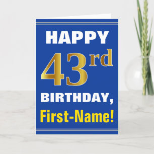 はっきりした、青、フェイク金ゴールド43番目の誕生日（名前カード付き） カード