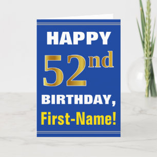 はっきりした、青、フェイク金ゴールド52番目の誕生日（名刺あり） カード