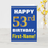はっきりした、青、フェイク金ゴールド53番目の誕生日（名刺あり） カード (黄色い花)