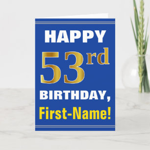 はっきりした、青、フェイク金ゴールド53番目の誕生日（名刺あり） カード