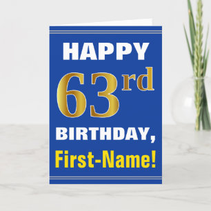 はっきりした、青、フェイク金ゴールド63番目の誕生日（名刺あり） カード