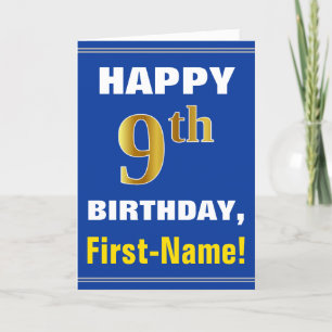 はっきりした、青、フェイク金ゴールド9番目の誕生日（名刺あり） カード